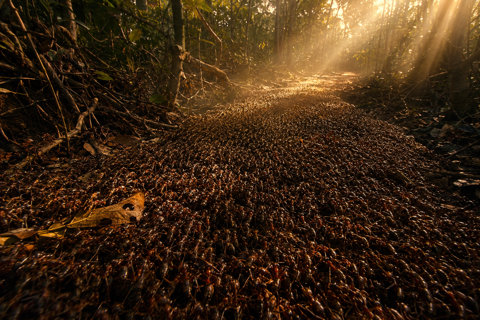 Marcha infinita de hormigas guerreras en la selva