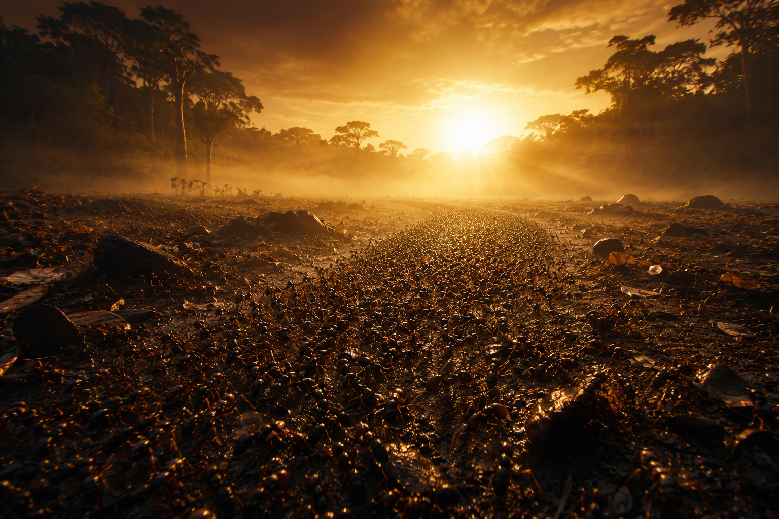 Legión de hormigas al amanecer en la selva
