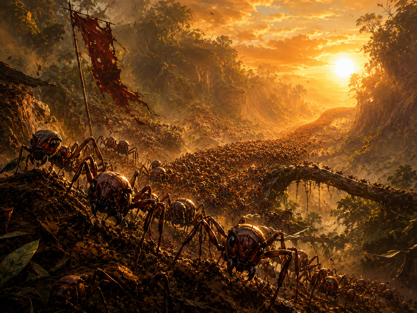 Pintura épica conceptual de hormigas guerreras